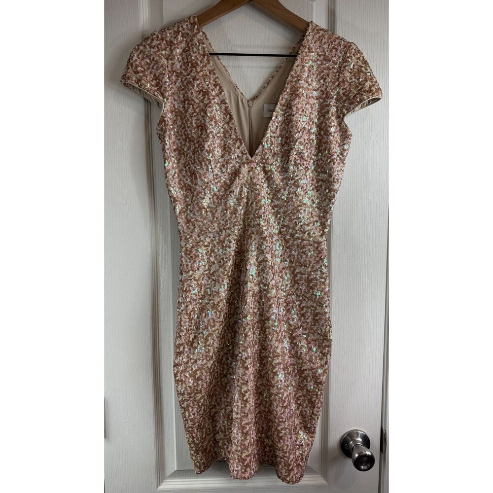 Dress The Population Women's Zoe Sequin Mini Dress Cap Sleeves Beige Tan Size M